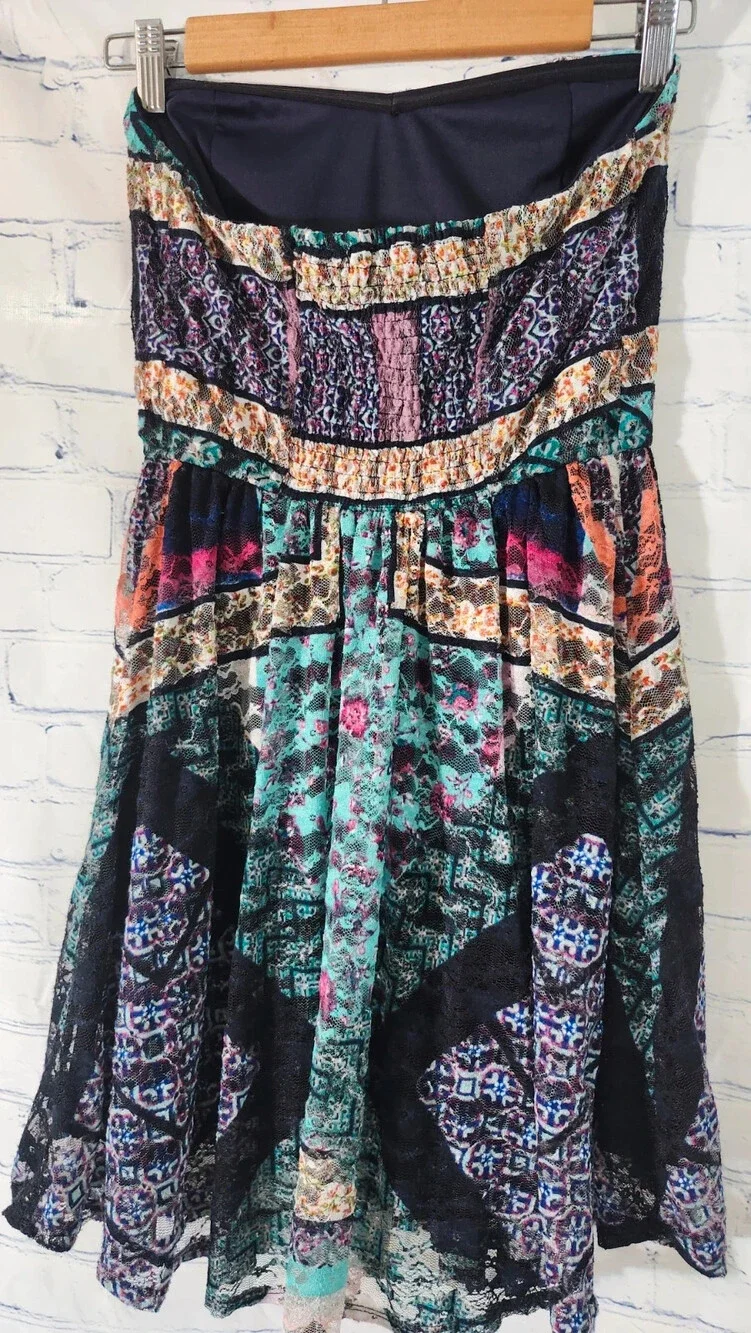 Love Fire Teal Geometric Lace Smocked Strapless Tube Dress
